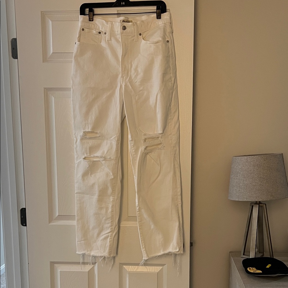 Madewell White Distressed Straight-Leg Jeans